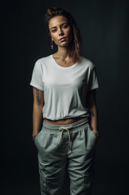 Una mujer con un top blanco y una camisa blanca con la palabra amor