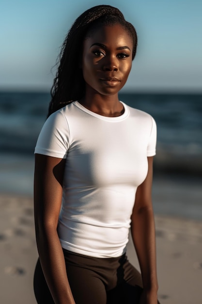 Una mujer con un top blanco se encuentra en una playa