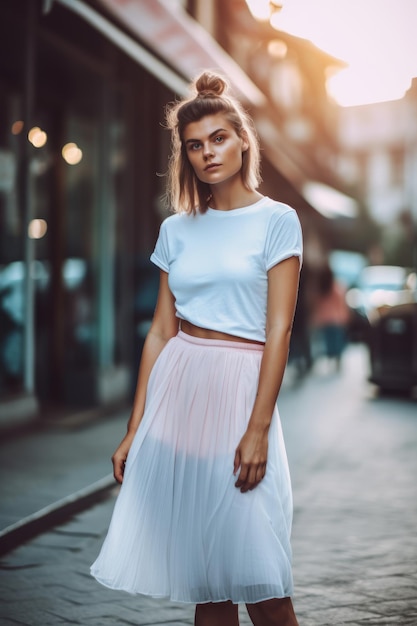 Una mujer con un top blanco y una falda blanca se encuentra en una calle.