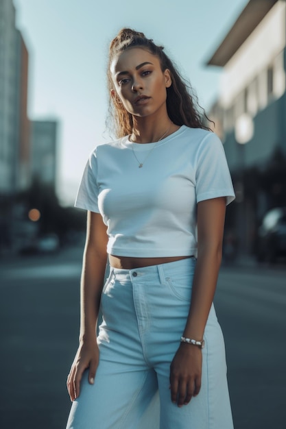 Una mujer con un top blanco y jeans blancos se encuentra en una calle.