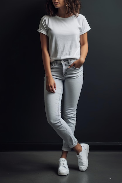 Una mujer con un top blanco y jeans se para frente a una pared negra.