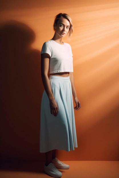 Una mujer con un top blanco y un top blanco está de pie sobre un fondo naranja con el sol brillando en su lado izquierdo.