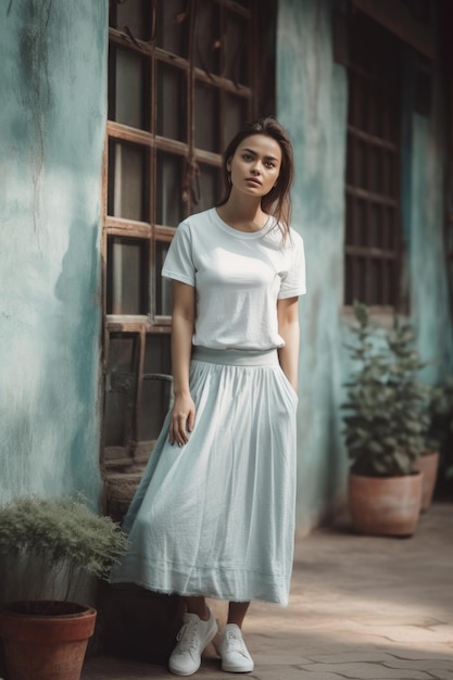 Una mujer con un top blanco y un top blanco se para frente a una pared azul.