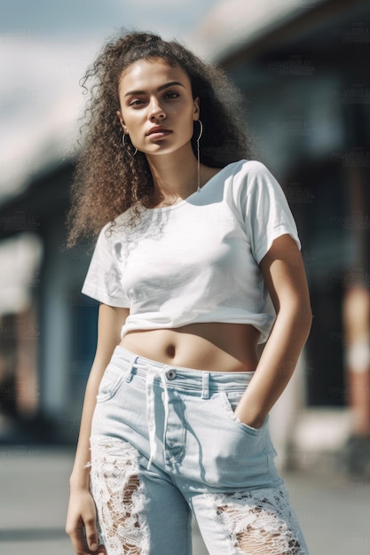 Una mujer con un top corto blanco y jeans azules se para en una calle.