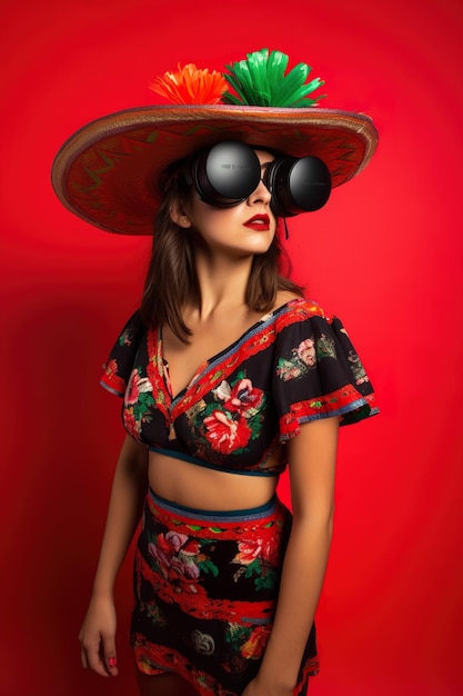 Una mujer con un top floral y unas gafas de sol grandes.