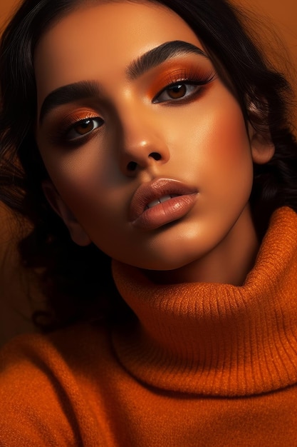 Una mujer con un top naranja brillante y un delineador de ojos naranja brillante