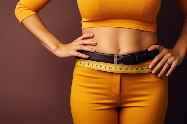 Una mujer con un top naranja y un cinturón negro está parada frente a una pared oscura.