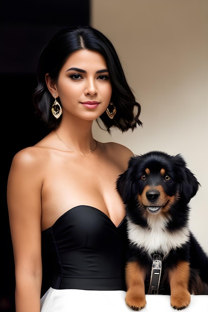 Una mujer con un top negro y una falda blanca posando con un perro.