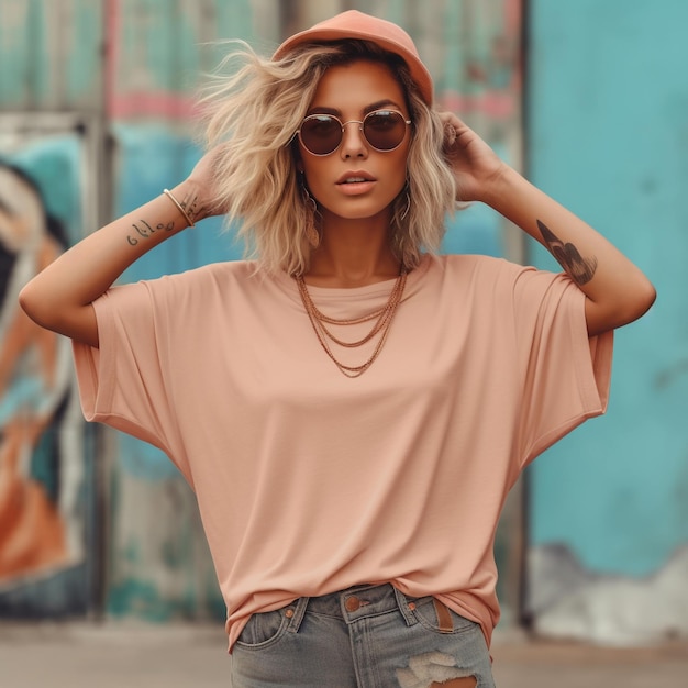 Una mujer con un top rosa lleva un sombrero y gafas de sol.