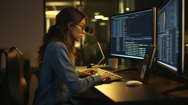 Una mujer trabaja en una computadora con un código en la pantalla.