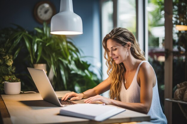 Una mujer trabaja intensamente en su computadora portátil en una mesa enfocada y motivada para ser productiva Mujer feliz escribiendo en una computadora portátil en la mesa del escritorio en el lugar de trabajo de la oficina en casa AI Generado