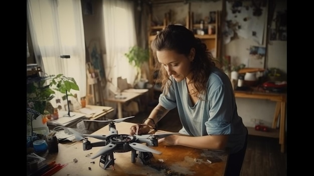 Una mujer trabaja en un modelo de avión en un taller.