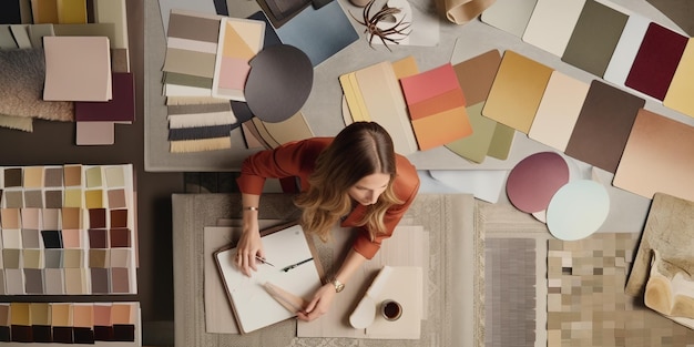 Foto una mujer trabaja en un piso con una variedad de colores.