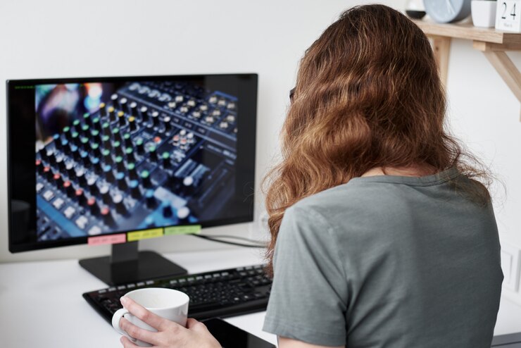 Foto la mujer trabaja remotamente desde casa. concepto de teletrabajador.