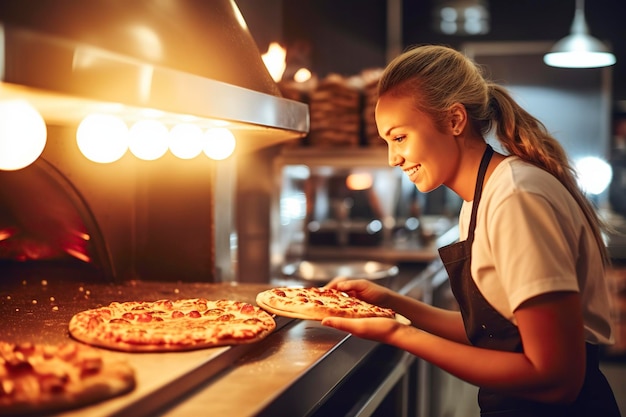 Una mujer trabaja en un restaurante italiano con un horno de pizza a leña