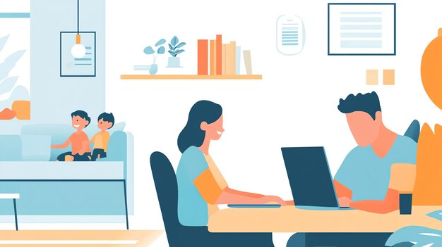Una mujer trabaja en su computadora portátil en un escritorio mientras dos niños se sientan en un sofá en el fondo