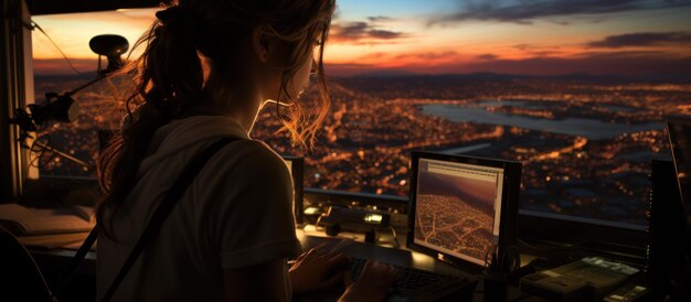 una mujer trabaja en una torre de tráfico aéreo