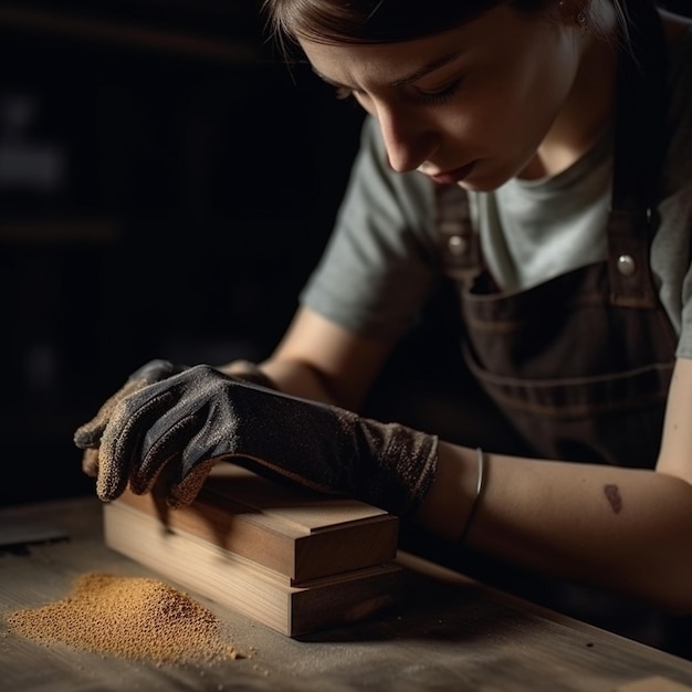 Una mujer trabaja en un trozo de madera con un guante negro en la mano izquierda.