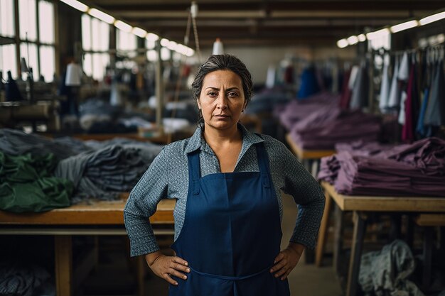 Foto mujer trabajadora en una fábrica de ropa de aspecto recto y confianza en sí misma ia generativa