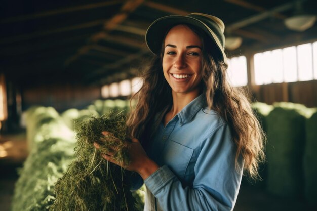 Foto mujer trabajadora feliz sosteniendo heno fresco para las vacas en una granja de ganado agricultura e industria ganadera