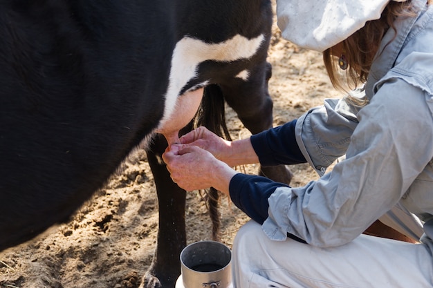 Mujer trabajadora rural ordeñando las vacas