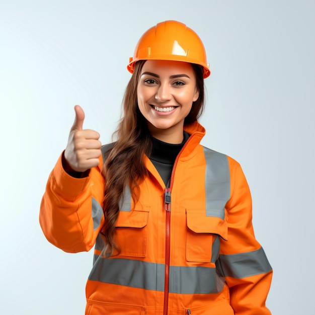 Foto mujer trabajadora sonriendo con casco y chaleco naranja con los pulgares hacia arriba mujer aislada en fondo blanco