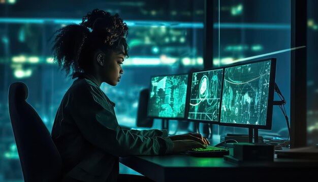 Foto mujer trabajadora trabajando en la sala de control de tecnología por la noche