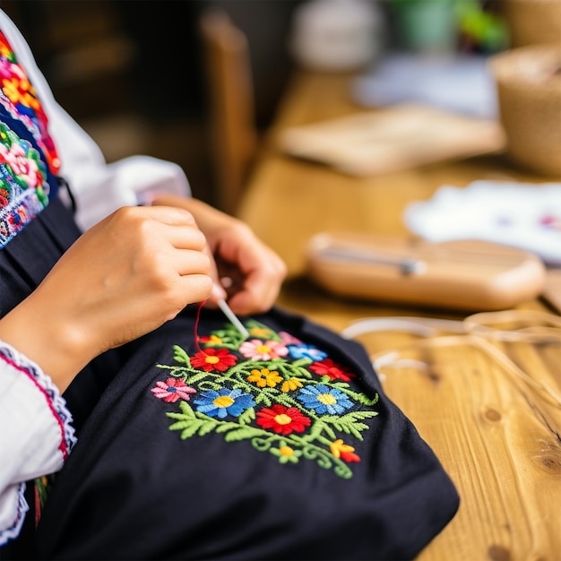 Mujer trabajando en bordado tradicional mexicano generado por IA