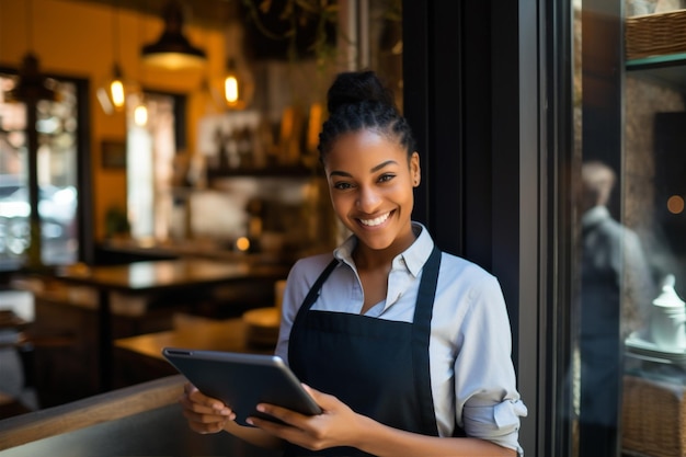 Mujer trabajando café empresaria profesional servicio de entrega negocio trabajo restaurante estilo de vida camarero mirando sonriendo