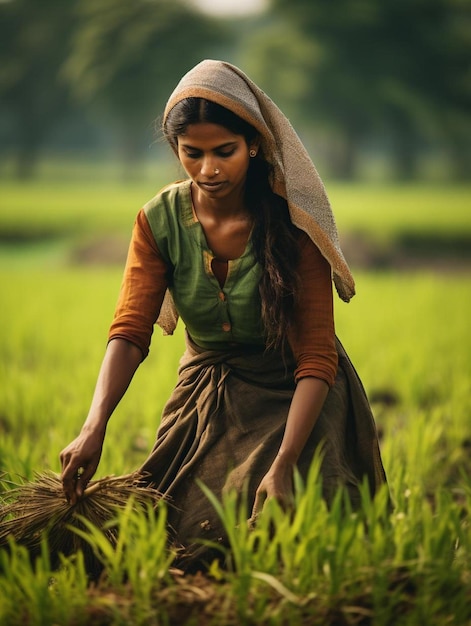 Una mujer trabajando en un campo de arroz