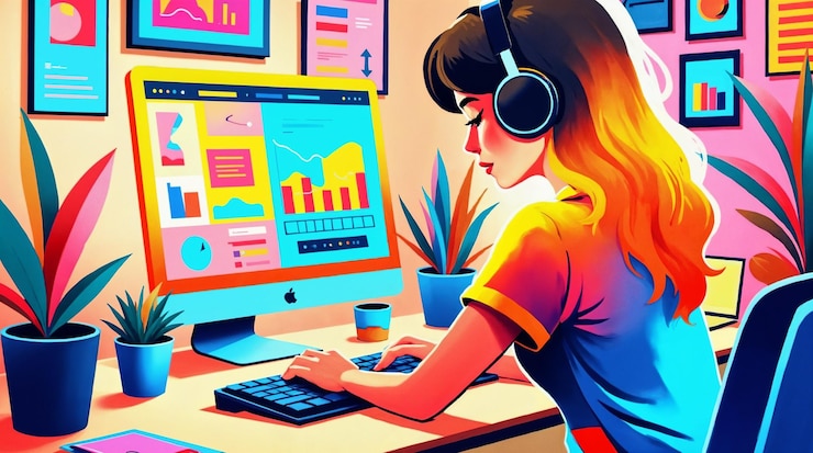 Foto mujer trabajando desde casa en una computadora con visualizaciones de datos