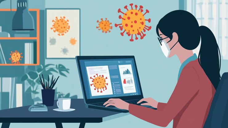 Mujer trabajando desde casa durante la pandemia mientras usa una máscara y estudia datos de salud en su portátil