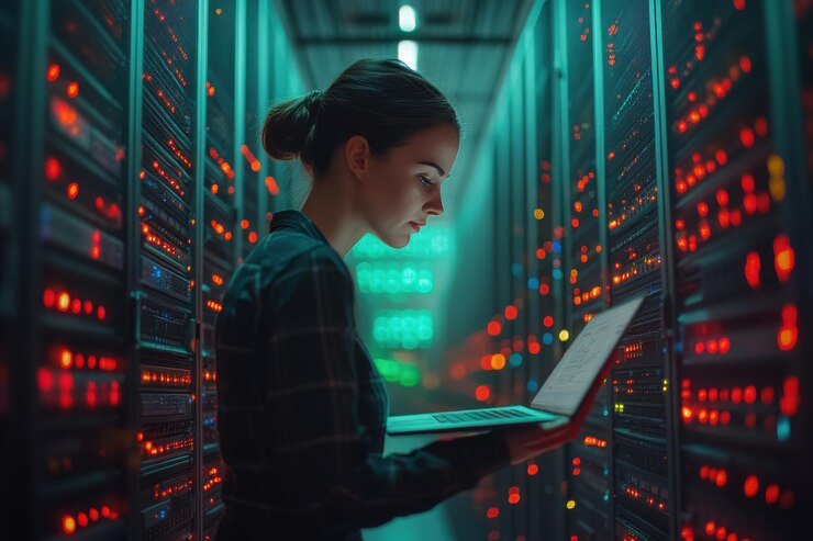 Foto mujer trabajando en un centro de datos con una computadora portátil