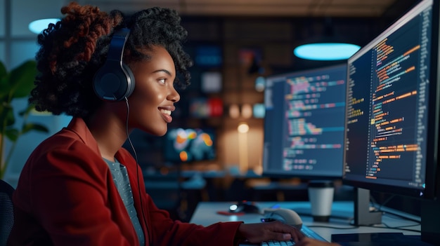 Mujer trabajando en la computadora con auriculares