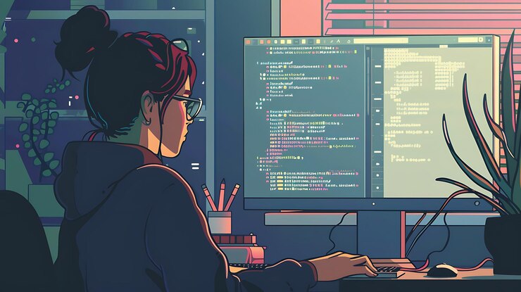 Foto una mujer trabajando en una computadora con el código de código de texto en la pantalla