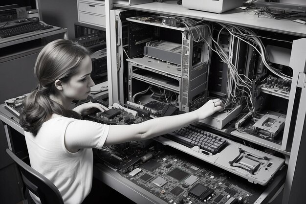 Foto una mujer trabajando en una computadora desmantelada.