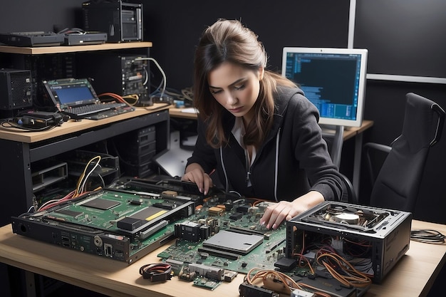Foto una mujer trabajando en una computadora desmantelada.