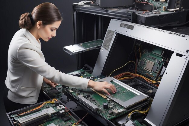 Foto una mujer trabajando en una computadora desmantelada.