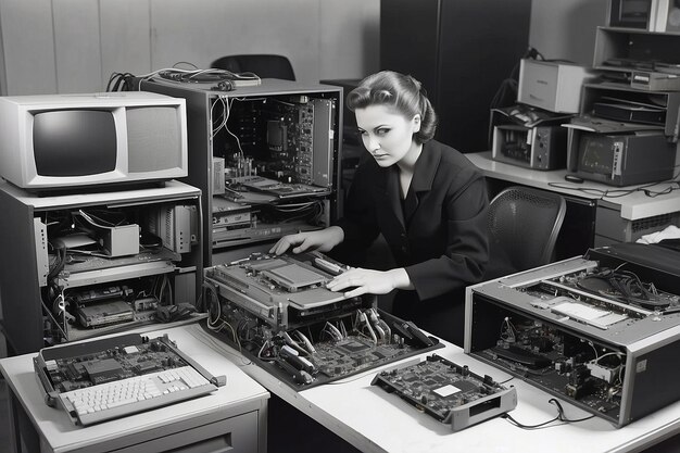 Foto una mujer trabajando en una computadora desmantelada.