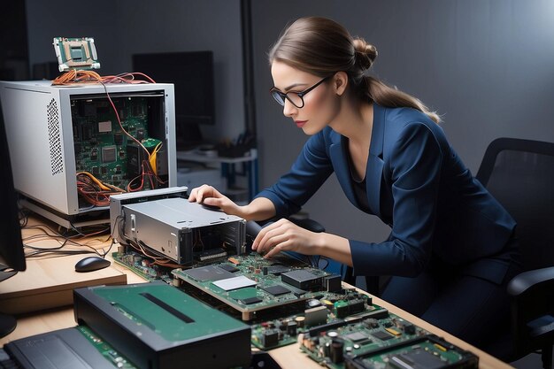 Foto una mujer trabajando en una computadora desmantelada.