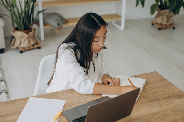 Mujer trabajando en la computadora en el escritorio desde casa