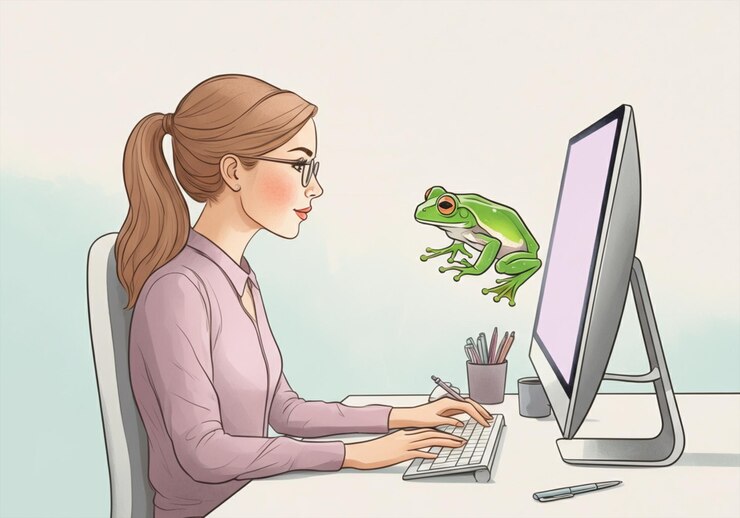 Foto mujer trabajando en una computadora con una ilustración de rana cerca