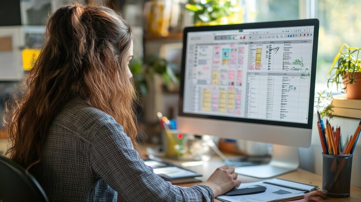Foto mujer trabajando en la computadora en la oficina del hogar