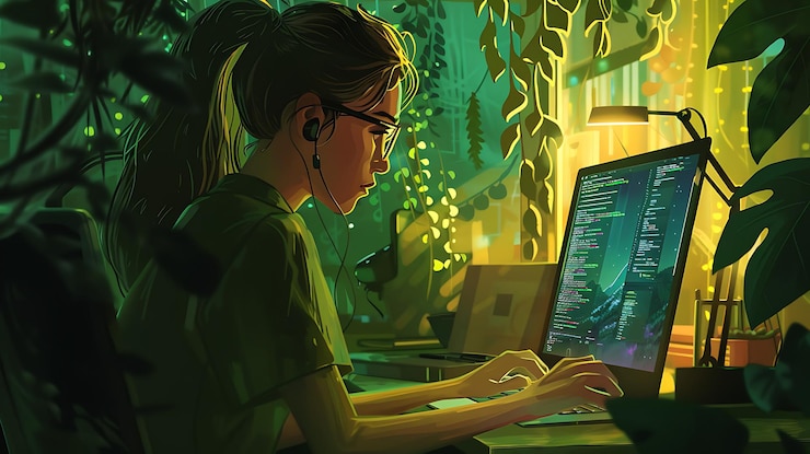 Foto una mujer trabajando en una computadora con las palabras "ciber" en la pantalla