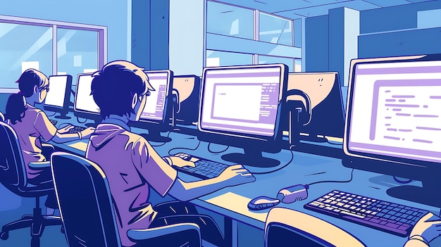 una mujer trabajando en una computadora con una pantalla de computadora detrás de ella