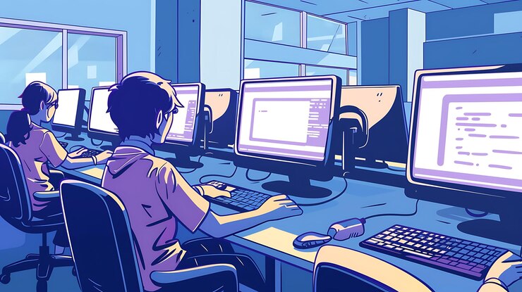 Foto una mujer trabajando en una computadora con una pantalla de computadora detrás de ella