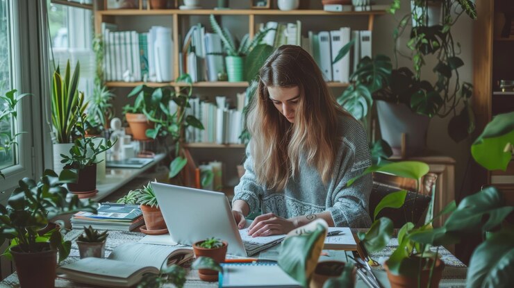 Mujer trabajando en una computadora portátil en una acogedora oficina en casa llena de plantas y libros creando un productivo