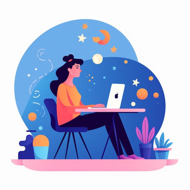 Mujer trabajando en la computadora portátil en casa Diseño plano Ilustración vectorial