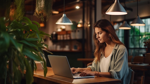 Una mujer trabajando con una computadora portátil en un entorno acogedor