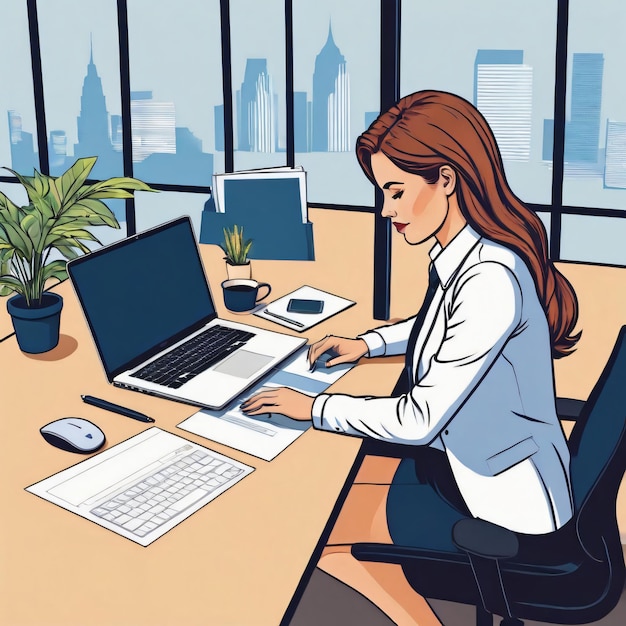 una mujer trabajando en una computadora portátil en el escritorio de la oficina color ilustraciones de esquema